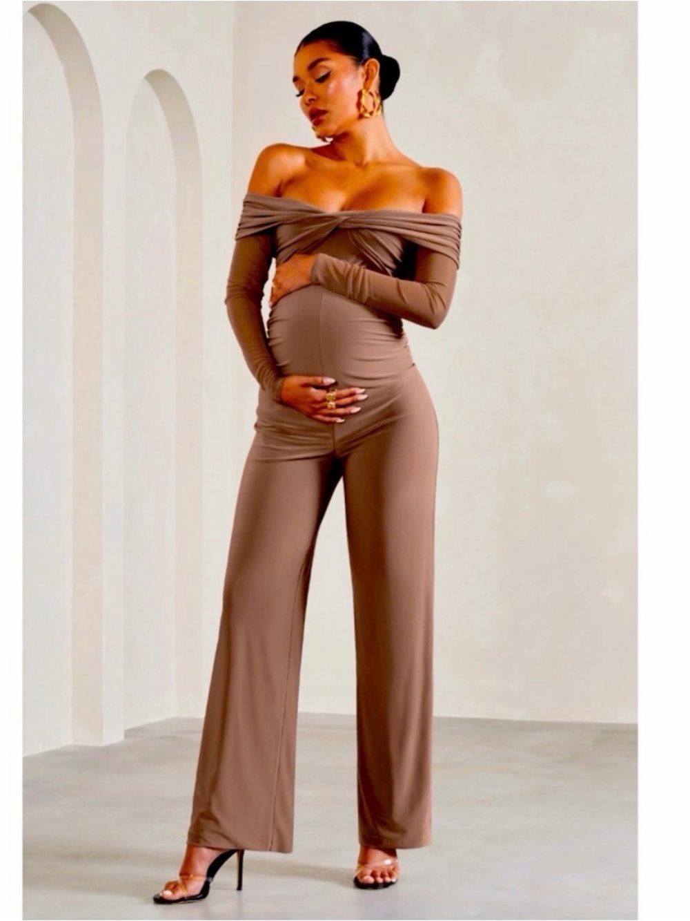 Club London Kyla Maternity Jumpsuit Mocha Women’s Size 6
